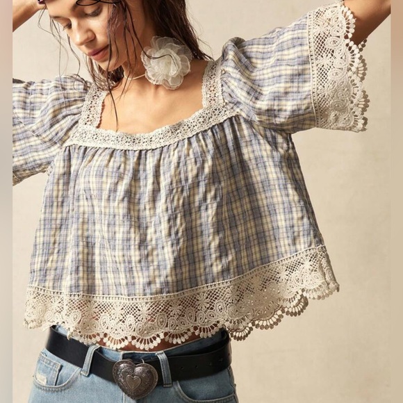 Plaid Lace Trim Women Top XL - Picture 3 of 7